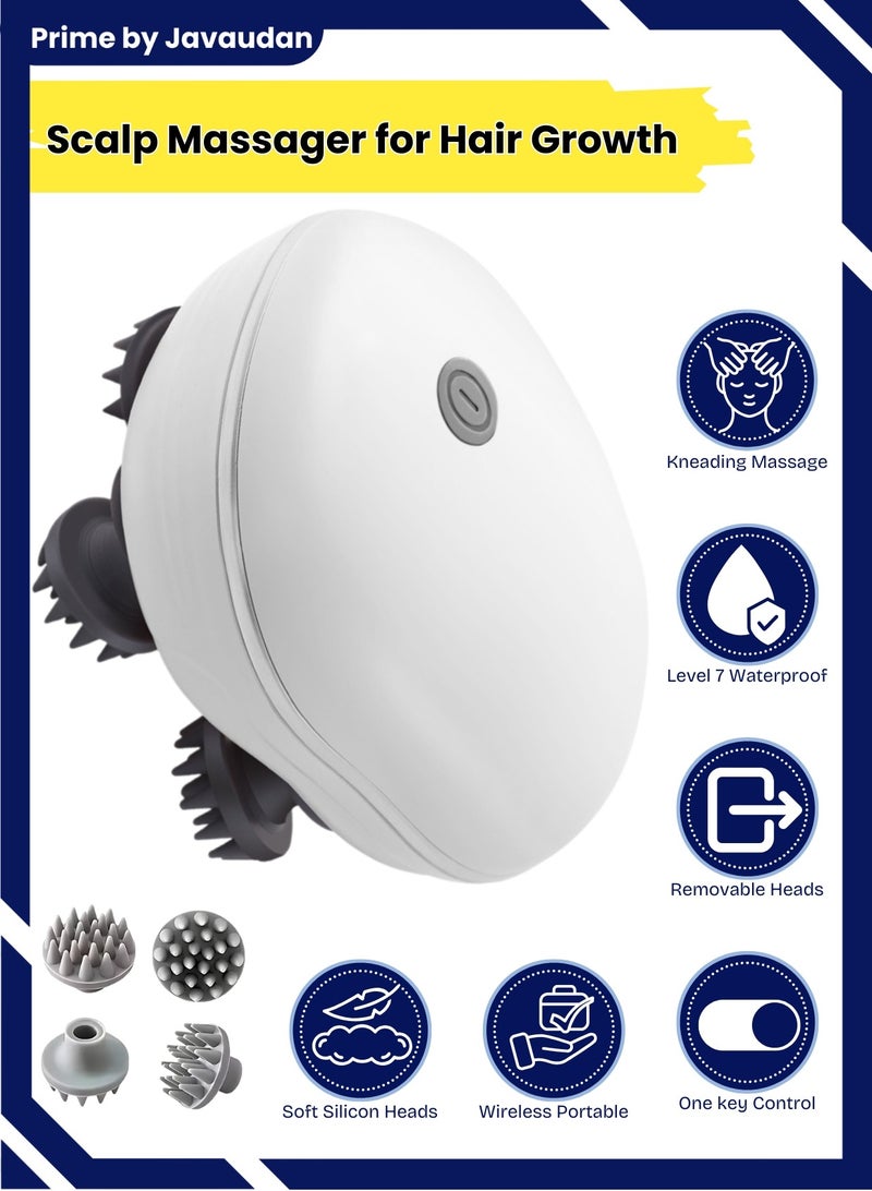 برايم بي جافاودان مدلك فروة الرأس الكهربائي ، مدلك رأس محمول مقاوم للماء لنمو الشعر ، مدلك محمول باليد مع 4 رؤوس للتدليك ، قابل للفك والغسل ، أداة هرش يدوية لتنظيف عميق لنمو الشعر ، أدوات الاسترخاء لتدليك فروة الرأس - Image 1