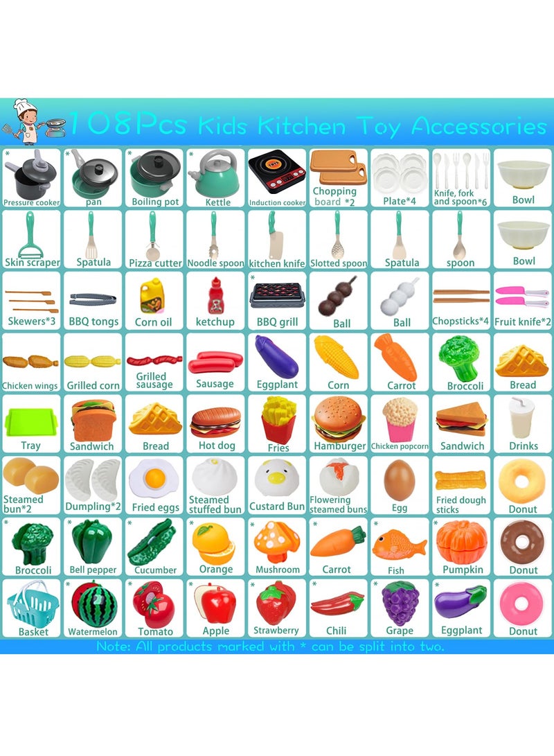 شو وو 108 قطعة من ملحقات ألعاب المطبخ للأطفال، مجموعة ألعاب طبخ وتخييم للشواء للأطفال الصغار، أدوات طهي، مجموعة طعام، خضروات لعبة، هدية تعليمية للبنات والأولاد - Image 4