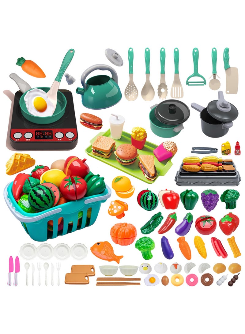 شو وو 108 قطعة من ملحقات ألعاب المطبخ للأطفال، مجموعة ألعاب طبخ وتخييم للشواء للأطفال الصغار، أدوات طهي، مجموعة طعام، خضروات لعبة، هدية تعليمية للبنات والأولاد - Image 1