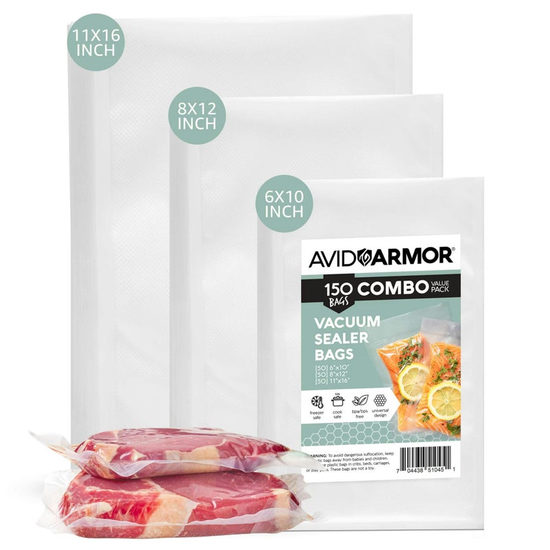 Avid Armor Vacuum Sealer Bags, Vac Seal Bags for Food Storage, Freezing, and Sous Vide Cooking, Non-BPA Freezer Vacuum Sealer Bags, Pint, Quart, and Gallon Sizes Combo Pack, 150 Bags - Image 1