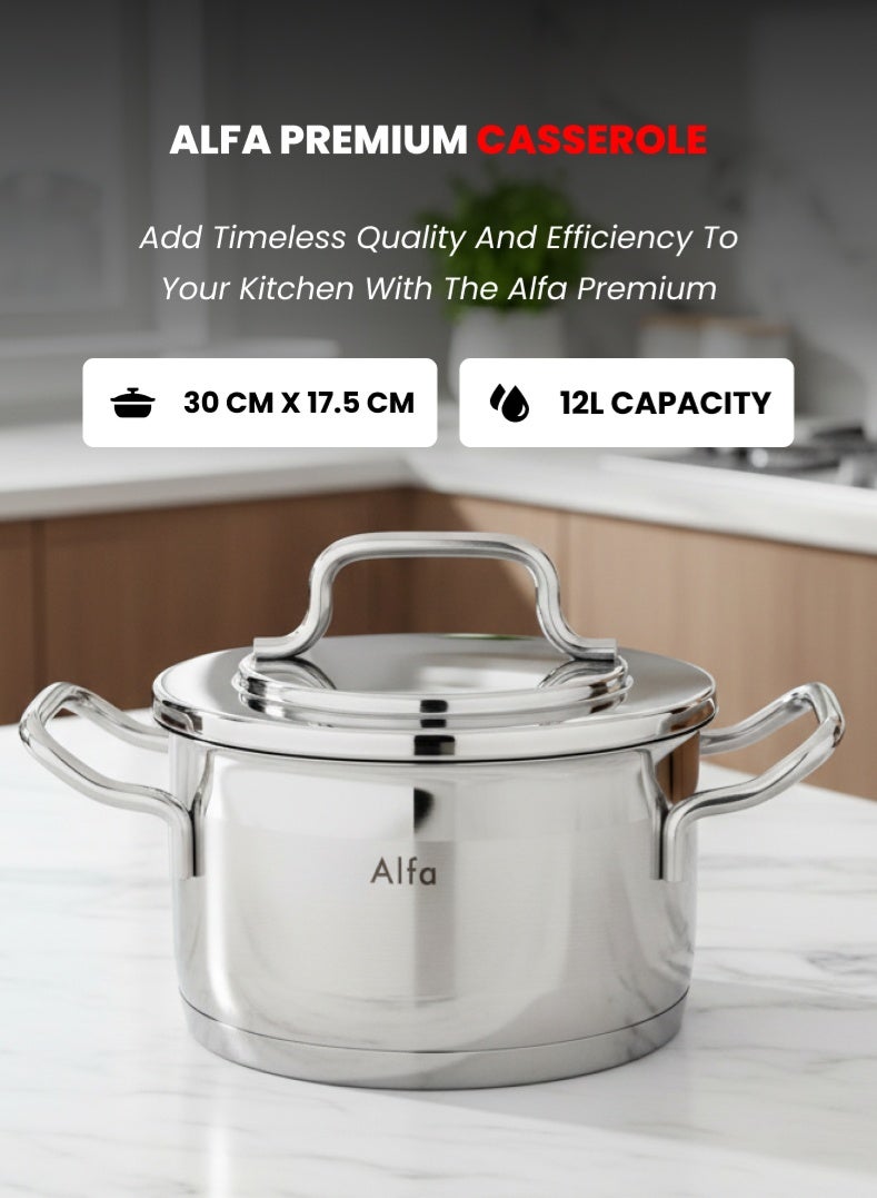 ALFA Stainless Steel Casserole 30 cm | 12 L Capacity | 18/10 Food‑Grade Steel | Triplex Capsule Bottom | Induction & Gas Compatible | With Lid - Image 1