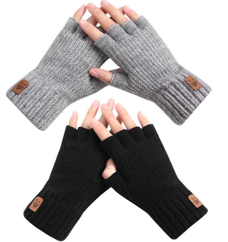 Pleneal Fingerless Gloves for Women Men - 2 Pairs Womens Winter Glove, Warm Knit Gloves for Cold Weather with Elastic Cuff, 2 Pack, Black & Grey, One size - Image 1