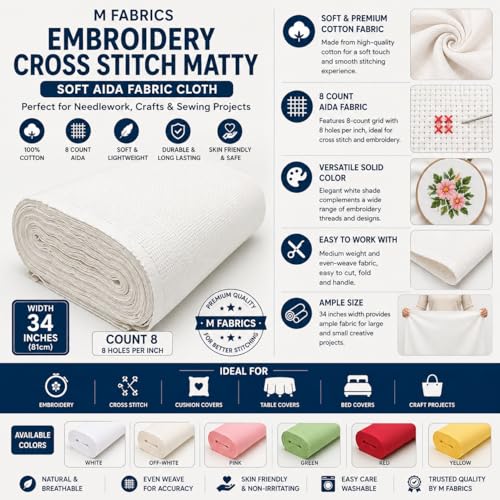 M Fabrics 5 Meters White Aida Matty Fabric 8 Count 34 Inch Width | Cotton Cross Stitch Embroidery Cloth Soft Needlework Fabric for Cushion Covers Table Covers Craft Sewing - 5 Meters White - Image 3