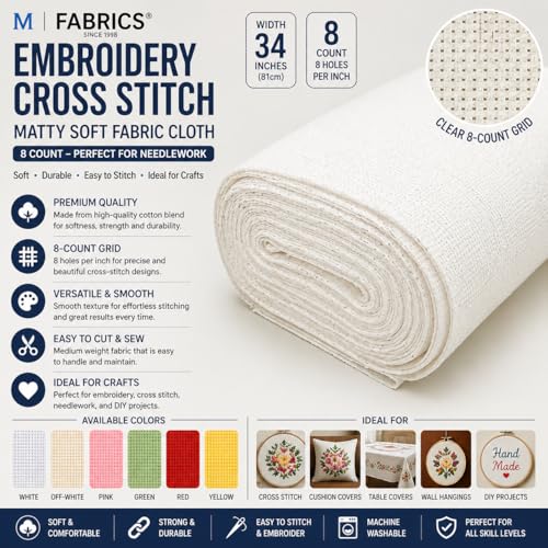 M Fabrics 5 Meters White Aida Matty Fabric 8 Count 34 Inch Width | Cotton Cross Stitch Embroidery Cloth Soft Needlework Fabric for Cushion Covers Table Covers Craft Sewing - 5 Meters White - Image 2