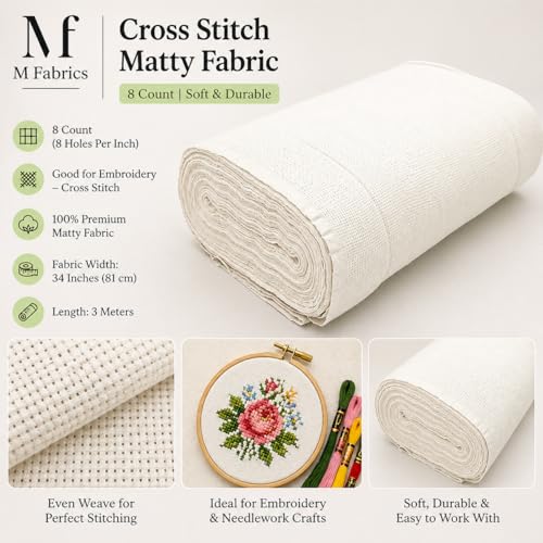 M Fabrics 5 Meters White Aida Matty Fabric 8 Count 34 Inch Width | Cotton Cross Stitch Embroidery Cloth Soft Needlework Fabric for Cushion Covers Table Covers Craft Sewing - 5 Meters White - Image 4