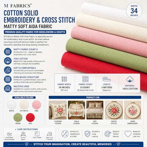 M Fabrics 5 Meters White Aida Matty Fabric 8 Count 34 Inch Width | Cotton Cross Stitch Embroidery Cloth Soft Needlework Fabric for Cushion Covers Table Covers Craft Sewing - 5 Meters White - Image 5