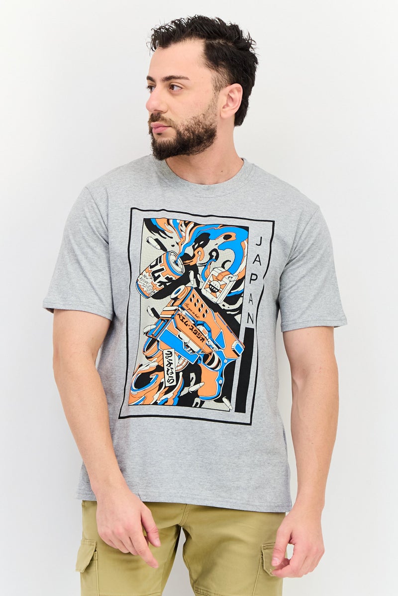 YOTO Men Crew Neck Short Sleeves Graphic Print T-Shirt, Grey - Image 1