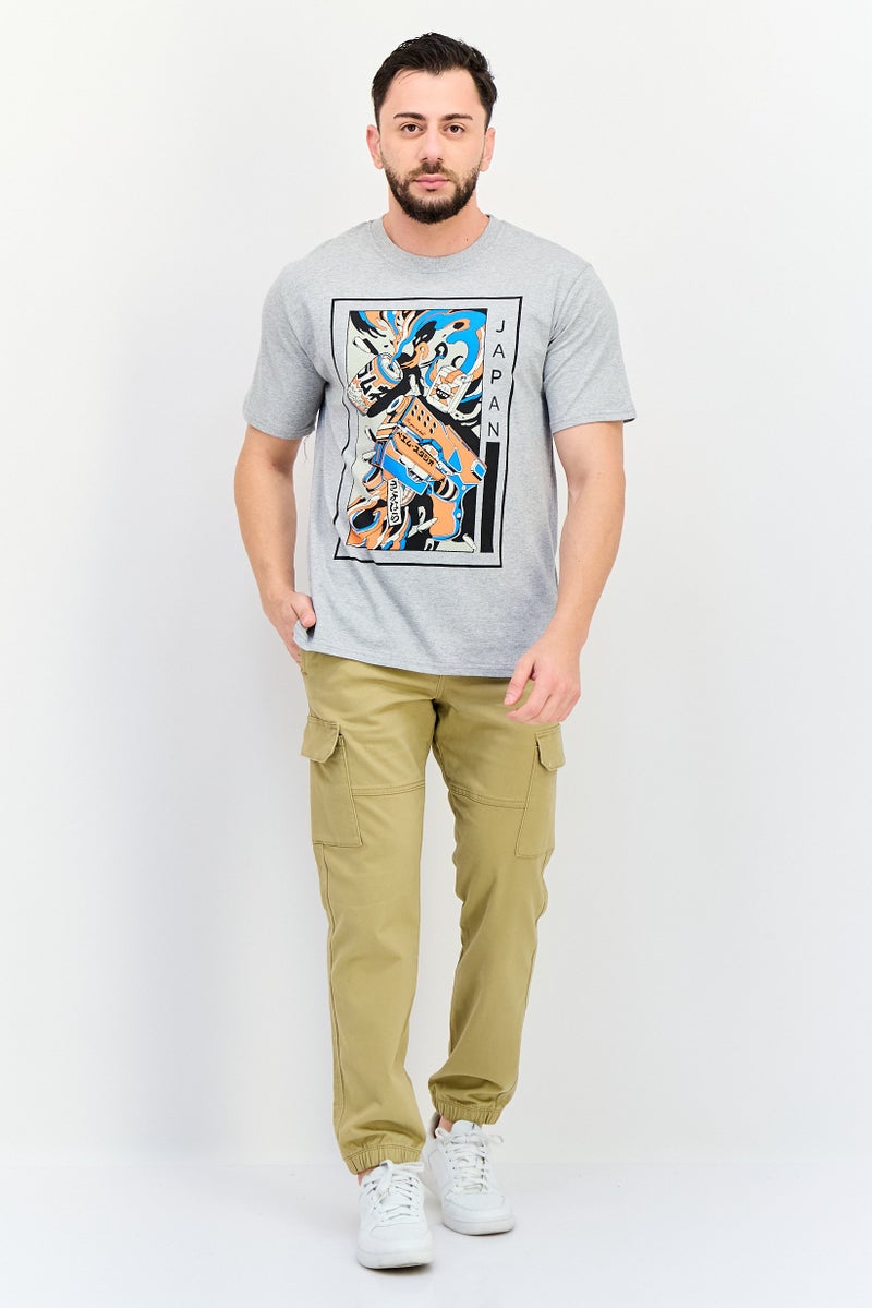 YOTO Men Crew Neck Short Sleeves Graphic Print T-Shirt, Grey - Image 2