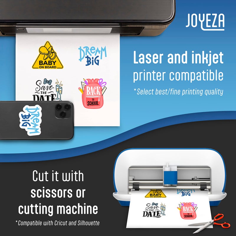 JOYEZA Premium Printable Vinyl Sticker Paper for Inkjet Printer - 25 Sheets Glossy White Waterproof, Dries Quickly Vivid Colors, Holds Ink well - Inkjet & Laser Printer - Image 3