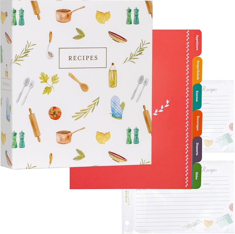 Jot  Mark 8.5" x 9.5" 3 Ring Recipe Binder with 50 Matching 4x6 inch Recipe Cards, 25 Top & Bottom Binder Sleeve Sheet Protector, 5 Full-Page Undivided Sleeves, 6 Sturdy Divider Tabs, Kitchen Toolkit - Image 1