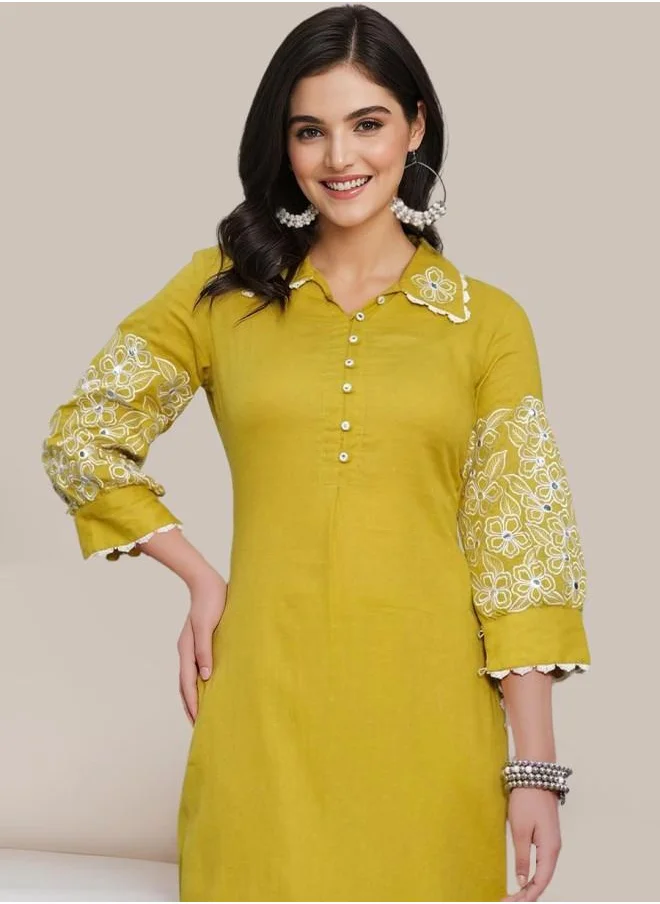آي شين Mid Rise Women Mustard Cotton Co-Ords with Embroidered pattern Tunic and Palazzo features a Round neckline and Three-Fourth Sleeve secured with Pull over closure and styled in Straight Fit ideal for Festive moments — perfect for fashion-forward occasions.
