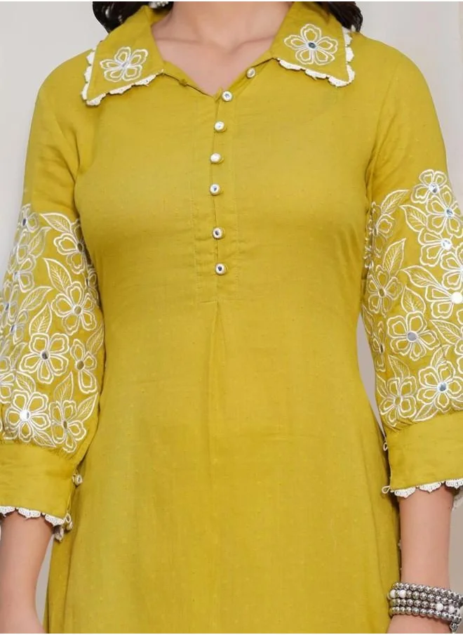 آي شين Mid Rise Women Mustard Cotton Co-Ords with Embroidered pattern Tunic and Palazzo features a Round neckline and Three-Fourth Sleeve secured with Pull over closure and styled in Straight Fit ideal for Festive moments — perfect for fashion-forward occasions.