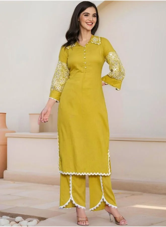 آي شين Mid Rise Women Mustard Cotton Co-Ords with Embroidered pattern Tunic and Palazzo features a Round neckline and Three-Fourth Sleeve secured with Pull over closure and styled in Straight Fit ideal for Festive moments — perfect for fashion-forward occasions.
