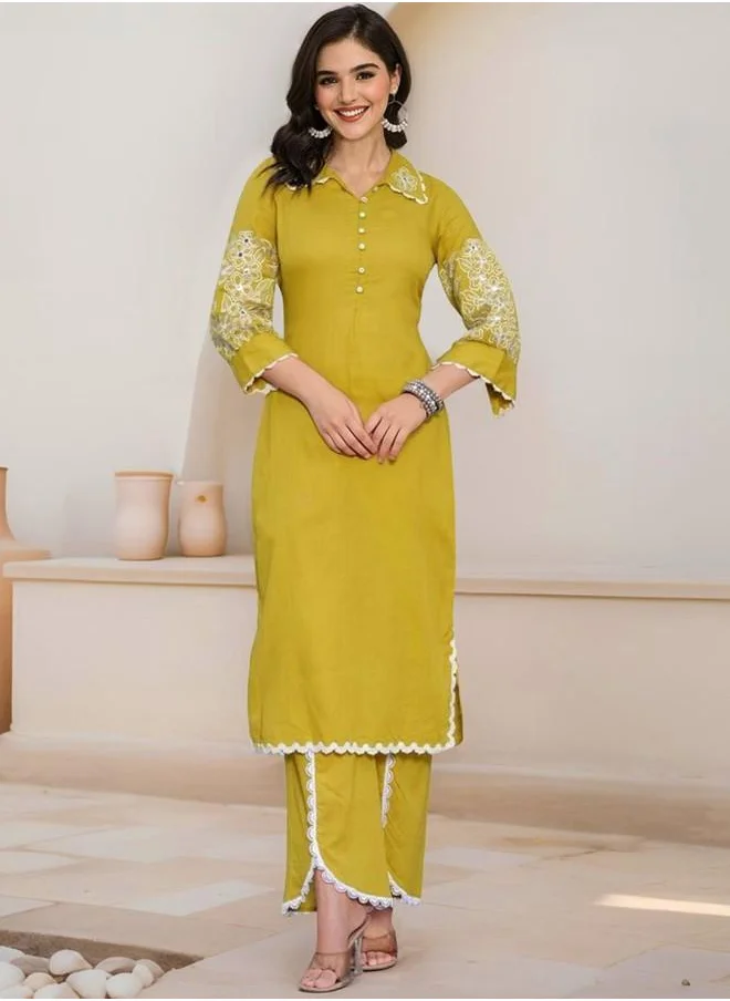 آي شين Mid Rise Women Mustard Cotton Co-Ords with Embroidered pattern Tunic and Palazzo features a Round neckline and Three-Fourth Sleeve secured with Pull over closure and styled in Straight Fit ideal for Festive moments — perfect for fashion-forward occasions.