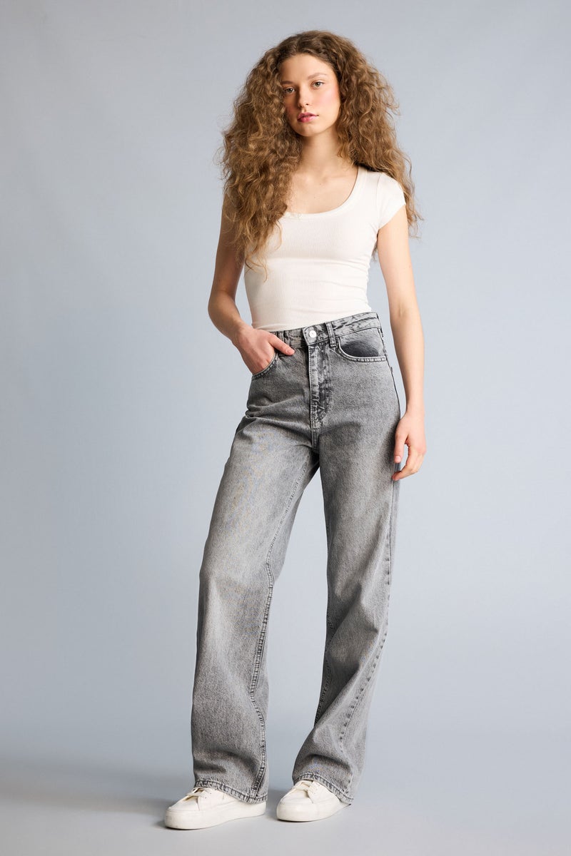 DeFacto Grey Woman Straight Fit High Waist Long Jeans Casual - Image 2