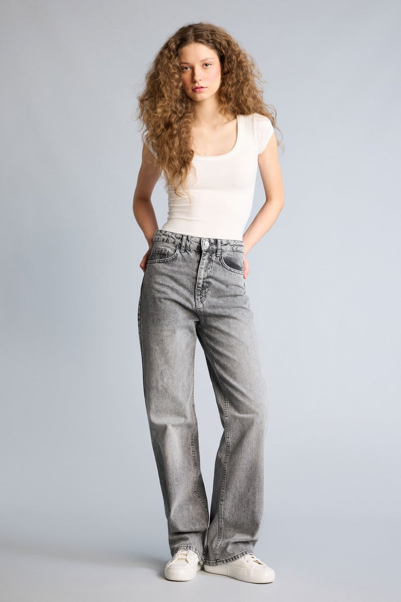 DeFacto Grey Woman Straight Fit High Waist Long Jeans Casual - Image 1