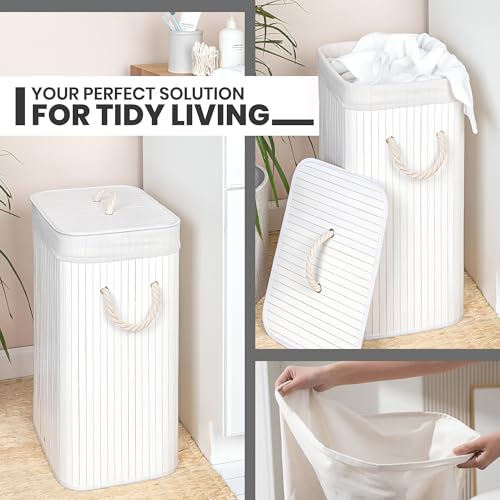 iBELL White Foldable 72 Litre Square Bamboo Laundry Basket with Lid | Travel Essential cloth basket | Solid Laundry Basket | Toy storage organiser |(35.5L x 35.5W x 57H) - Image 3