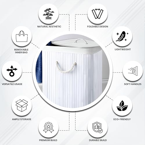 iBELL White Foldable 72 Litre Square Bamboo Laundry Basket with Lid | Travel Essential cloth basket | Solid Laundry Basket | Toy storage organiser |(35.5L x 35.5W x 57H) - Image 4