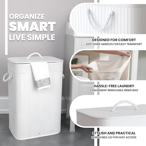 iBELL White Foldable 72 Litre Square Bamboo Laundry Basket with Lid | Travel Essential cloth basket | Solid Laundry Basket | Toy storage organiser |(35.5L x 35.5W x 57H) - Image 2