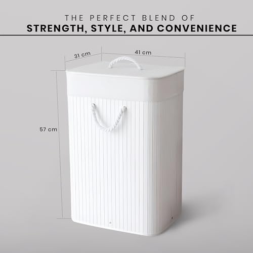 iBELL White Foldable 72 Litre Square Bamboo Laundry Basket with Lid | Travel Essential cloth basket | Solid Laundry Basket | Toy storage organiser |(35.5L x 35.5W x 57H) - Image 5