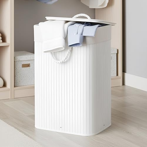iBELL White Foldable 72 Litre Square Bamboo Laundry Basket with Lid | Travel Essential cloth basket | Solid Laundry Basket | Toy storage organiser |(35.5L x 35.5W x 57H) - Image 1