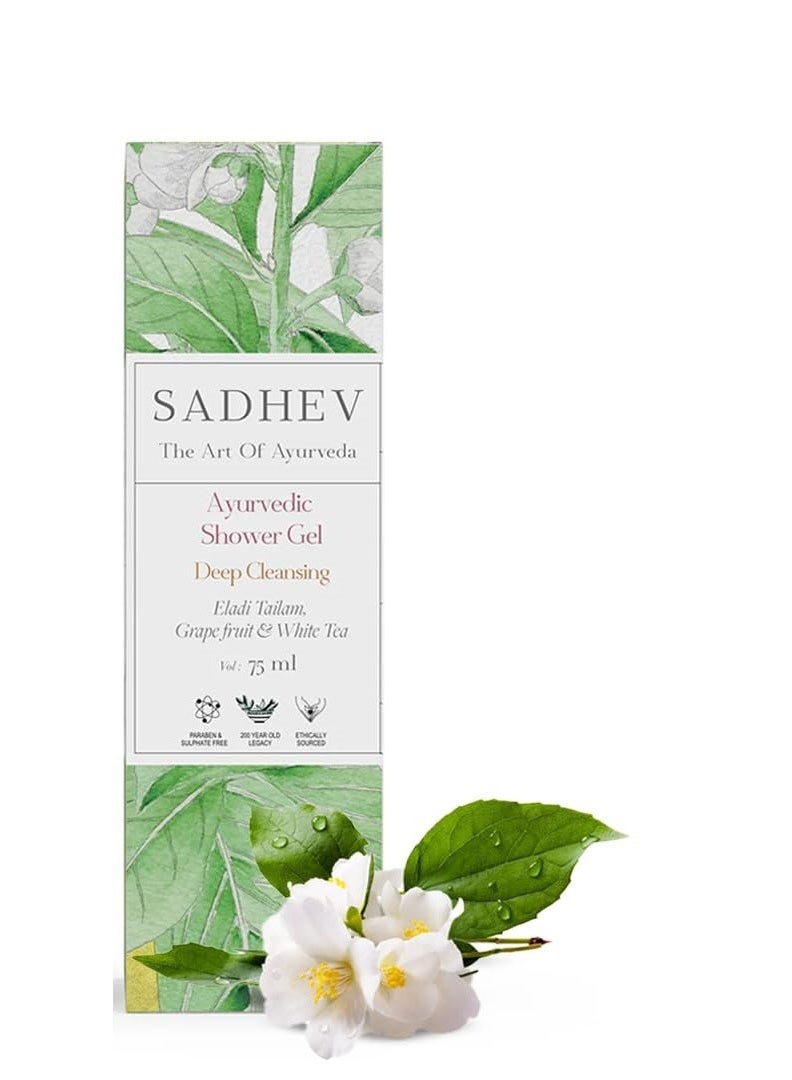 Sadhev Ayurvedic Shower Gel With Eladi Tailam, Grapefruit And White Tea For Deep Cleansing 75 ml - Image 2