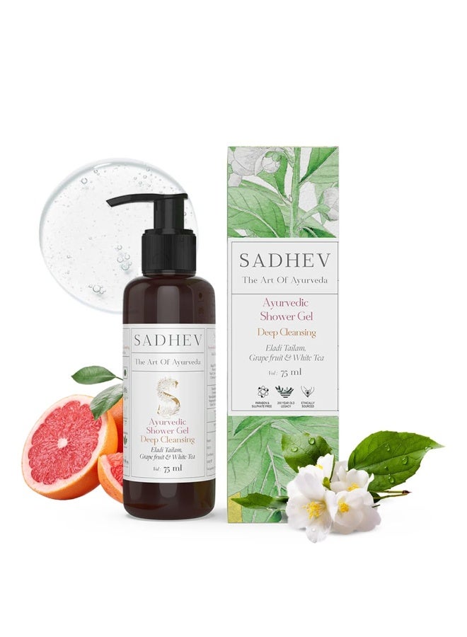 Sadhev Ayurvedic Shower Gel With Eladi Tailam, Grapefruit And White Tea For Deep Cleansing 75 ml - Image 1