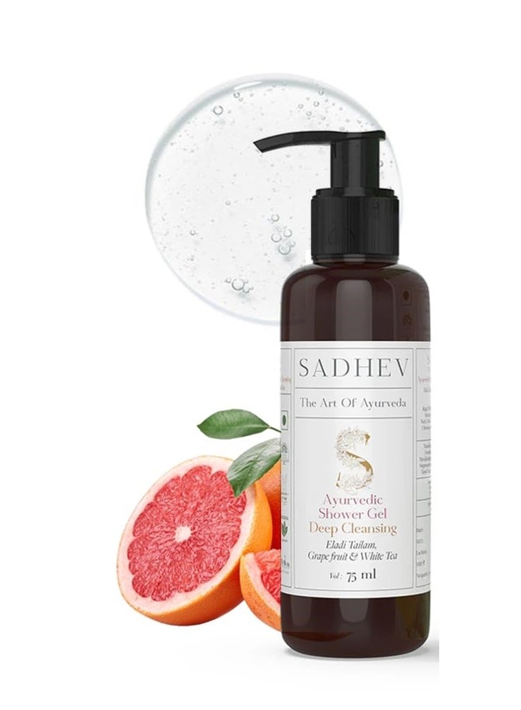 Sadhev Ayurvedic Shower Gel With Eladi Tailam, Grapefruit And White Tea For Deep Cleansing 75 ml - Image 3