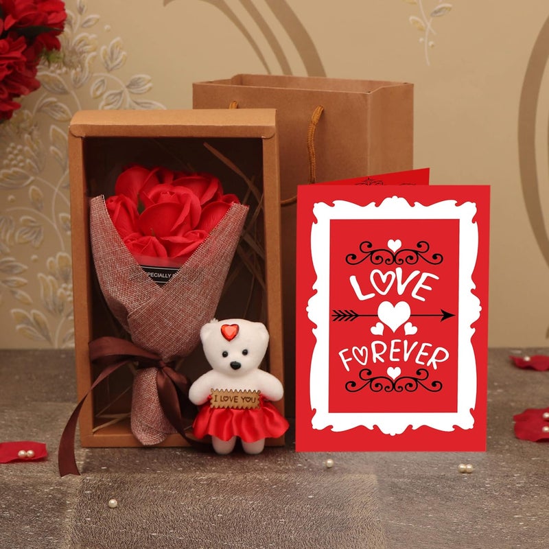 TIED RIBBONS TIED RIBBONS Best Combo Gift Pack for Love Girls Girlfriend Wife Couple - (Bouquet of Scented Artificial 7 Red Roses Flowers, Teddy with Message, Carry Bag and Greeting Card)  - Image 1