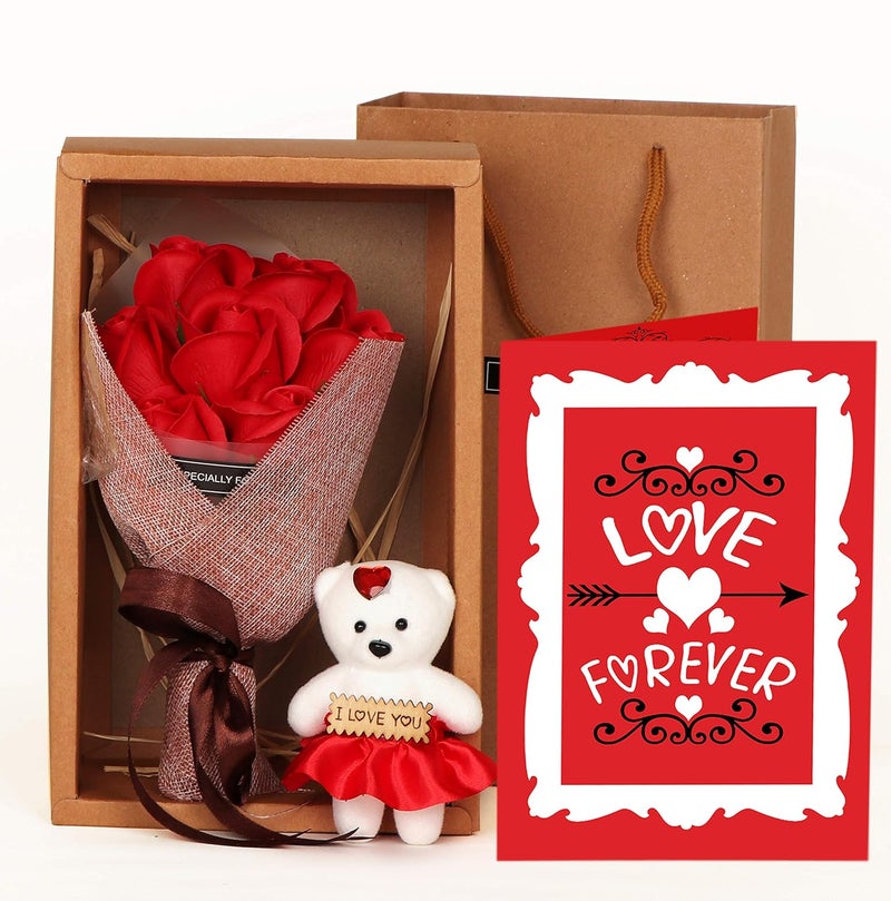 TIED RIBBONS TIED RIBBONS Best Combo Gift Pack for Love Girls Girlfriend Wife Couple - (Bouquet of Scented Artificial 7 Red Roses Flowers, Teddy with Message, Carry Bag and Greeting Card)  - Image 2