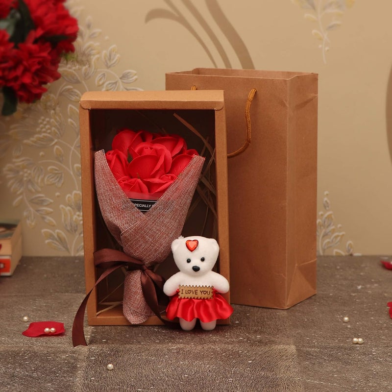 TIED RIBBONS TIED RIBBONS Best Combo Gift Pack for Love Girls Girlfriend Wife Couple - (Bouquet of Scented Artificial 7 Red Roses Flowers, Teddy with Message, Carry Bag and Greeting Card)  - Image 4