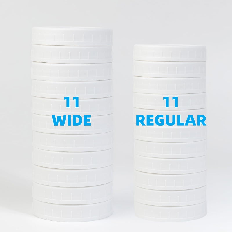 Bedgeta 22 Pack White Mason Jar Lids, 11 Wide Mouth & 11 Regular Mouth Mason Jar Lids with Silicone Rings,Thickened Leak-proof Lids Fit Ball,Kerr and More, 86mm & 70mm Plastic Mason Jar Lids(White) - Image 1