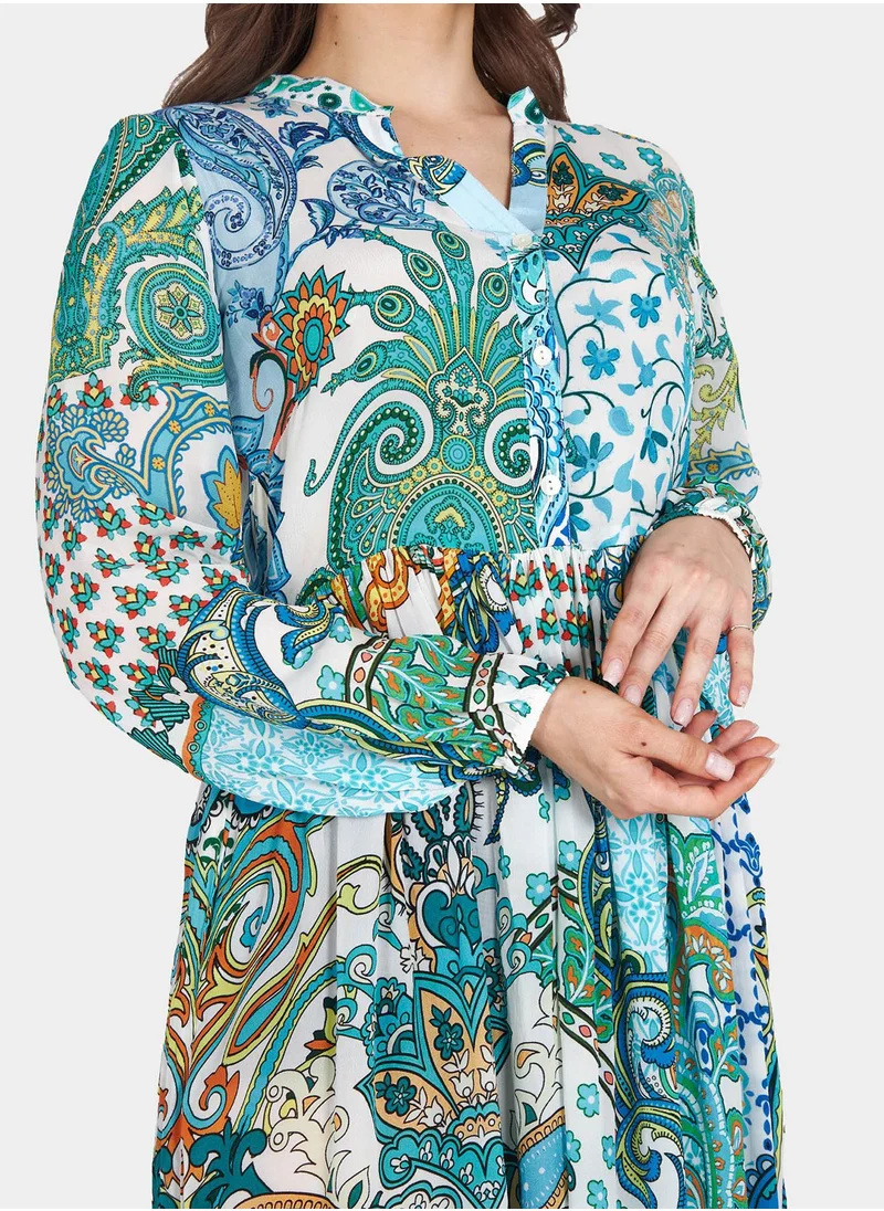 كوتور لابس Green And Blue Printed Long Sleeve Midi Dress With Gather Detailing