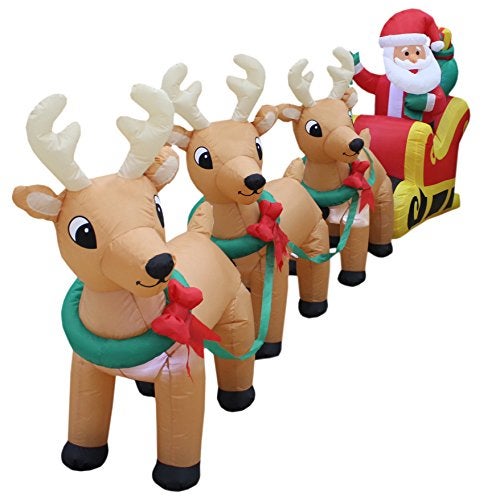 BZB Goods 12 FT Long Lighted Christmas Inflatable Santa Claus on Sleigh with 3 Reindeer – Outdoor/Indoor Yard Blow-Up Holiday Decoration with Built-in Lights, Self-Inflating Blower & Weather-Resistant Material - Image 3