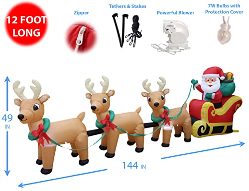 BZB Goods 12 FT Long Lighted Christmas Inflatable Santa Claus on Sleigh with 3 Reindeer – Outdoor/Indoor Yard Blow-Up Holiday Decoration with Built-in Lights, Self-Inflating Blower & Weather-Resistant Material - Image 2