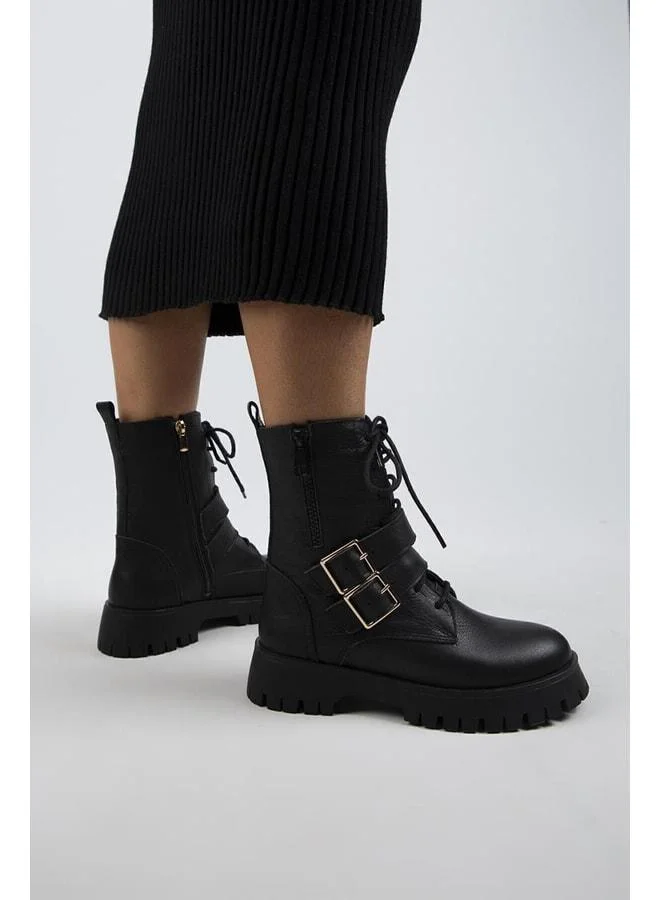Hannah Women's Genuine Leather Lace-Up Zippered Buckle Black Boot.