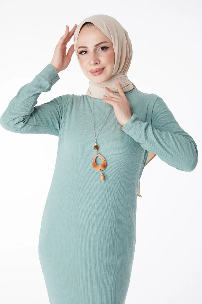 Tofisa Plain Crew Neck Women's Green Necklace Dress - 25213