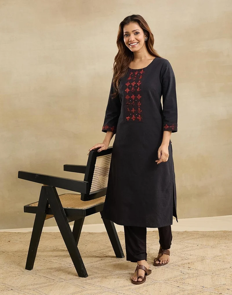 Fabindia Black Cotton Hand Woven Long Kurta