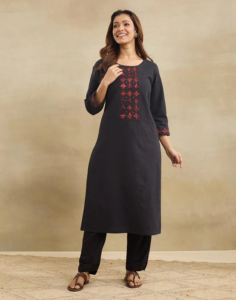 Fabindia Black Cotton Hand Woven Long Kurta