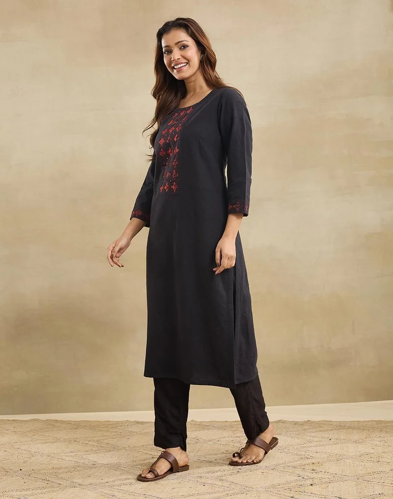 Fabindia  Black Cotton Hand Woven Long Kurta for Women | Best Price UAE