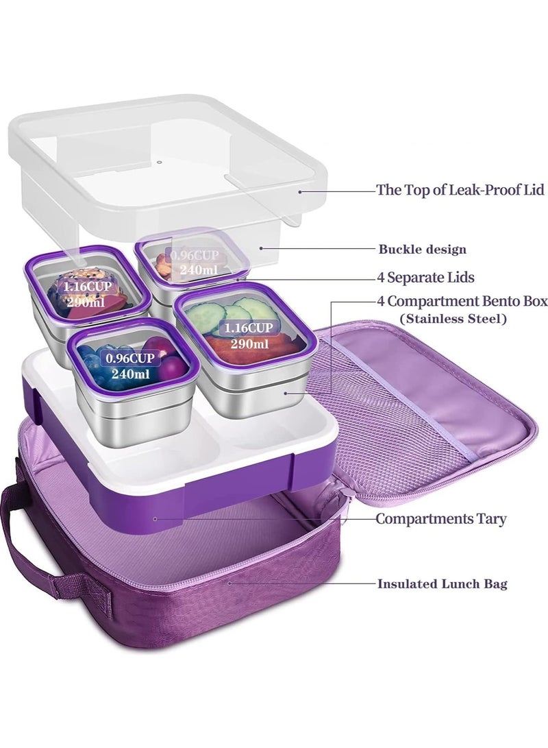 VUCATIN Kids School Stainless Steel Lunch Box Insulated Bento Lunch Box with Storage Bag 4 Compartments Divided Lunch Container with Lid   Tableware(Purple 1060ML) - Image 2