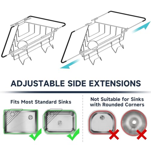 NiHome Extendable Arm Stainless Steel Kitchen Sink Corner Caddy Easy Install SpaceSaving Adjustable Sponge Holder NonSlip RustResistant for Brushes Soap Sponges Silver - Image 3