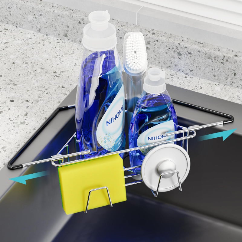 NiHome Extendable Arm Stainless Steel Kitchen Sink Corner Caddy Easy Install SpaceSaving Adjustable Sponge Holder NonSlip RustResistant for Brushes Soap Sponges Silver - Image 2
