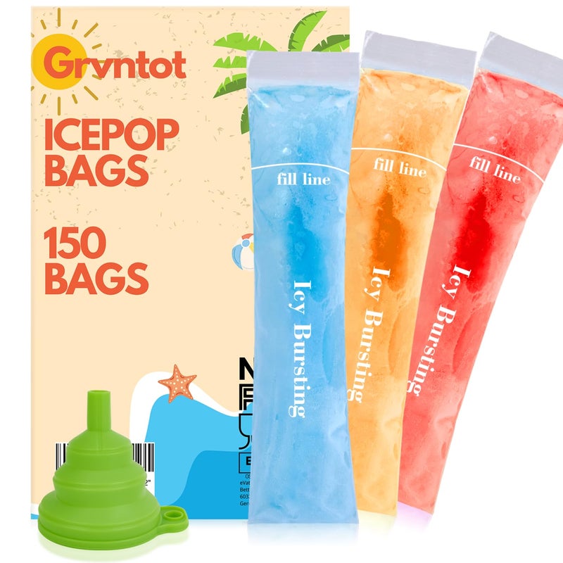 Grvntot 150 Disposable Ice Popsicle Mold Bags (8x2") for DIY Natural Fruit Snacks, Juice & Smoothies, Ice Pops Molds | BPA-Free, Zip Seals, Funnel Included - Image 1