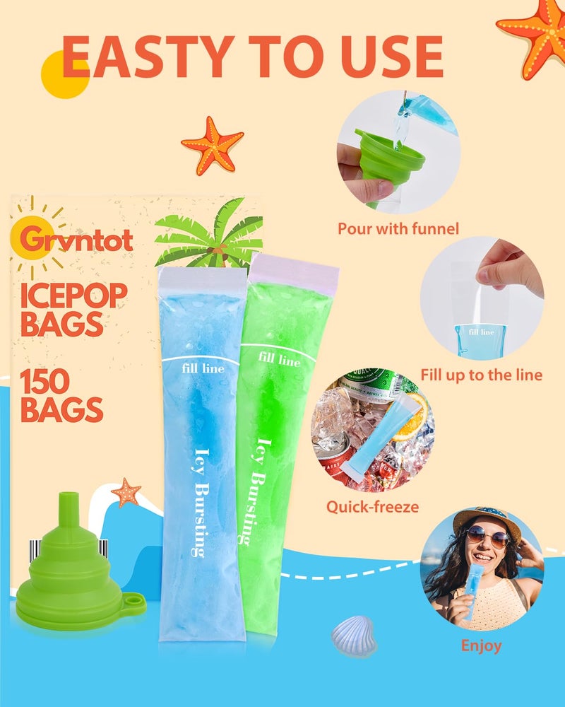 Grvntot 150 Disposable Ice Popsicle Mold Bags (8x2") for DIY Natural Fruit Snacks, Juice & Smoothies, Ice Pops Molds | BPA-Free, Zip Seals, Funnel Included - Image 4