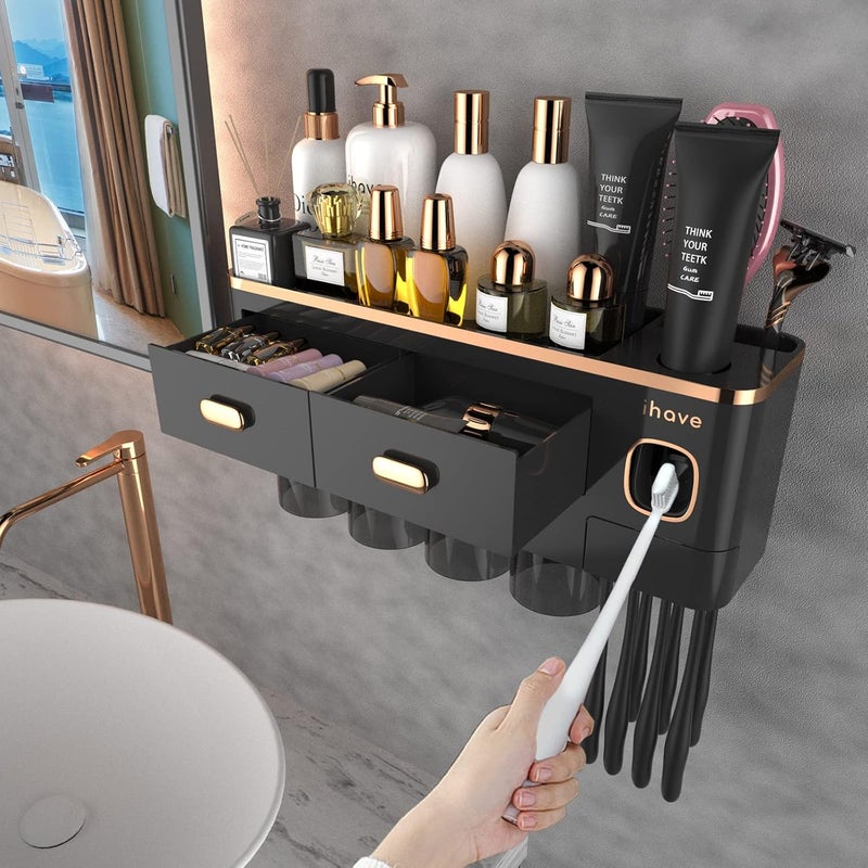iHave Toothbrush Holders for Bathrooms - Upgrade Wall Mounted Toothbrush Holder with Toothpaste Dispenser - 4 Cups, Large Capacity Tray, 2 Cosmetic Drawer - Bathroom Organizers and Storage - Image 1