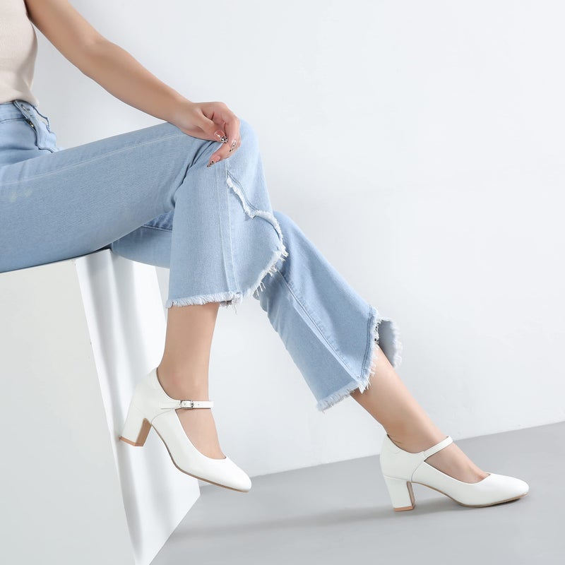 fereshte Women's Mary Jane Pumps, Block Heel, Round Toe, Ankle Strap with Buckle, 2.48 Inch Office Church Dress Shoes Matte White 45 - insole length: 27.5cm/10.83 inch - US 11 - Image 2