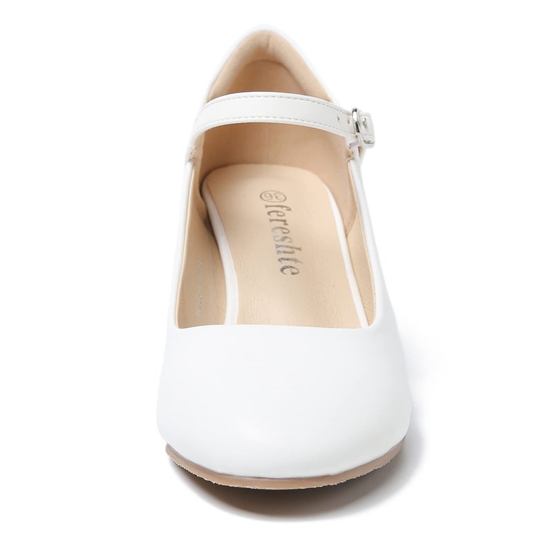 fereshte Women's Mary Jane Pumps, Block Heel, Round Toe, Ankle Strap with Buckle, 2.48 Inch Office Church Dress Shoes Matte White 45 - insole length: 27.5cm/10.83 inch - US 11 - Image 5