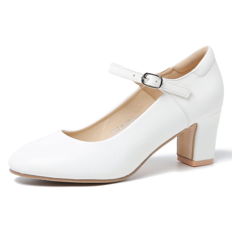 fereshte Women's Mary Jane Pumps, Block Heel, Round Toe, Ankle Strap with Buckle, 2.48 Inch Office Church Dress Shoes Matte White 45 - insole length: 27.5cm/10.83 inch - US 11 - Image 1