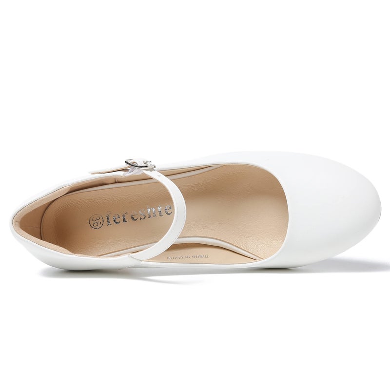 fereshte Women's Mary Jane Pumps, Block Heel, Round Toe, Ankle Strap with Buckle, 2.48 Inch Office Church Dress Shoes Matte White 45 - insole length: 27.5cm/10.83 inch - US 11 - Image 4
